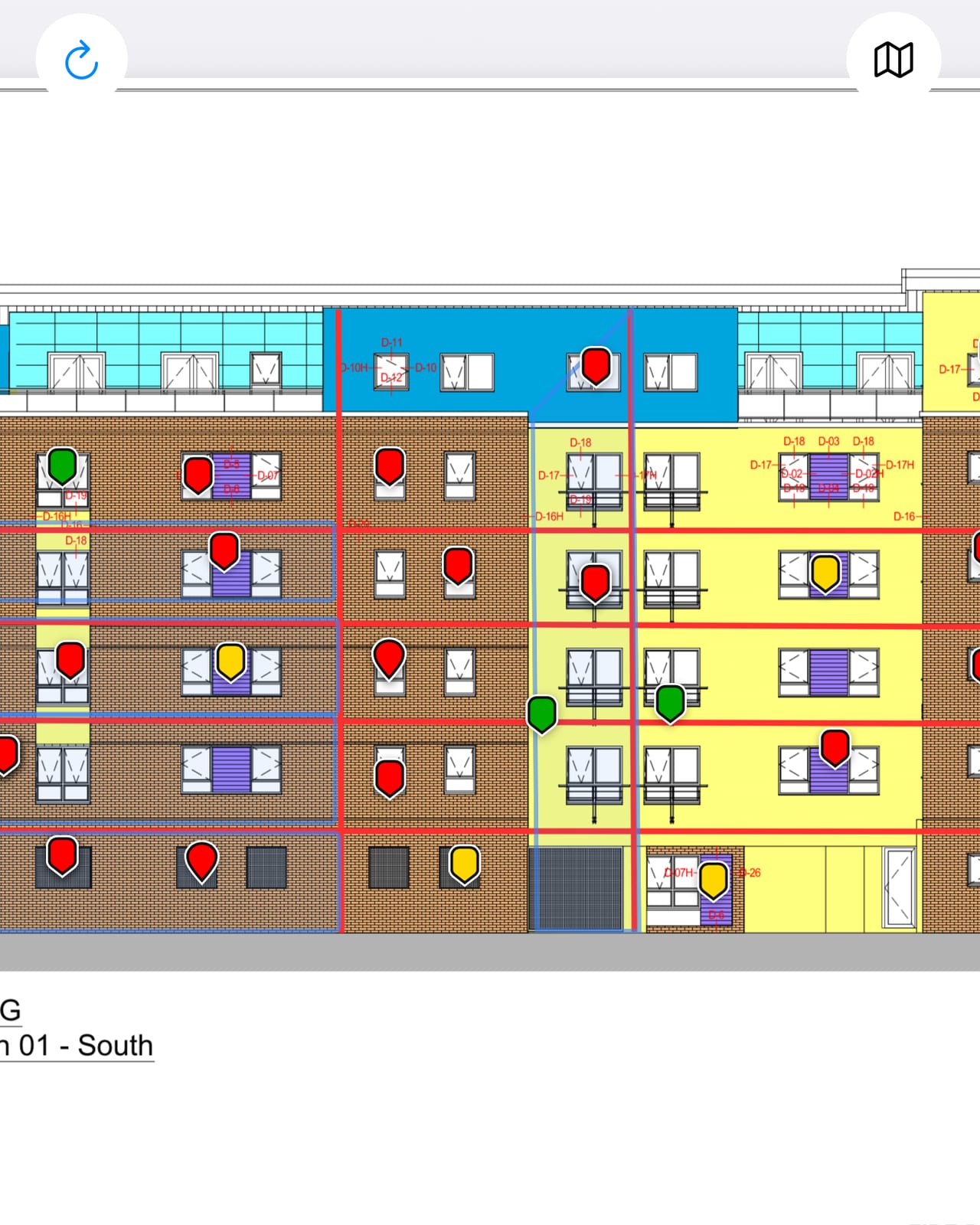 Facade 365 showing a building elevation with defect markers pinned to it