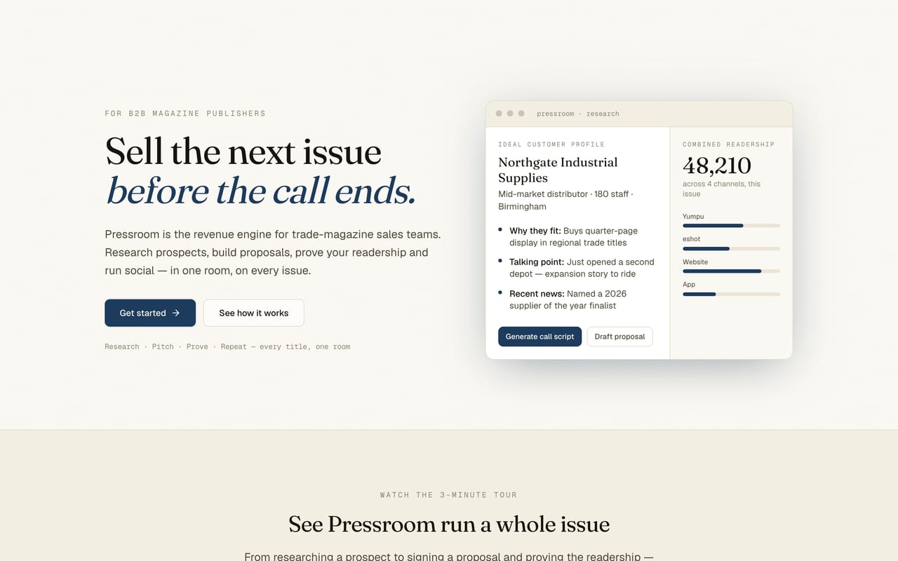 The Pressroom marketing site showing a researched prospect profile and combined readership figures